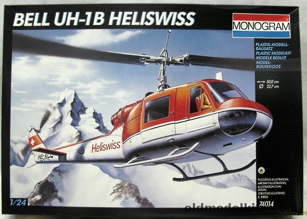 Monogram 1/24 Bell UH-1B  (August-Bell AB-204) Iroquois Huey Helicopter - Heliswiss or Austrian Air Force Special Christmas Helicopterfrom 1975, 74014 plastic model kit